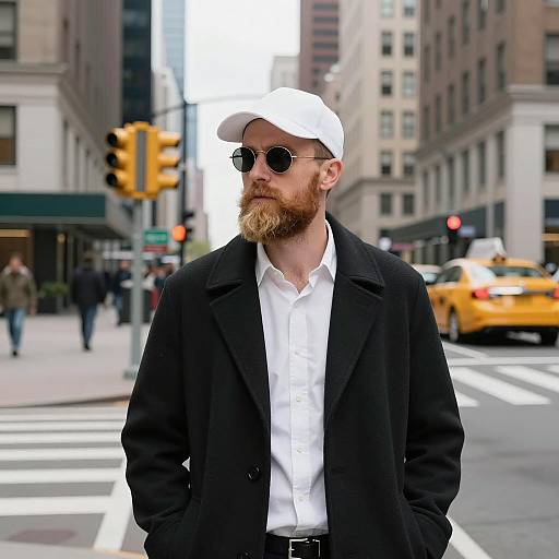 Man in Black Coat at City Intersection