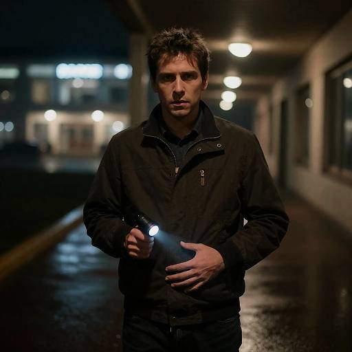 Serious Man with Flashlight at Night