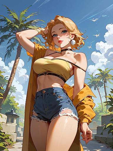 Stylish Woman in Denim Shorts on Sunny Street