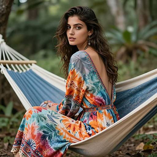 Photograph of a young woman with long, wavy brown hair, wearing a colorful floral dress, seated in a blue and white hammock in a