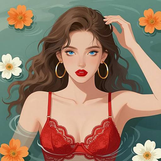 Digital Illustration of Woman in Water with Flowers