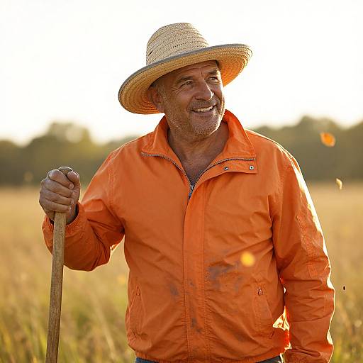 Photograph of a smiling middle-aged man in an orange jacket and straw hat, holding a walking stick in a sunlit field.