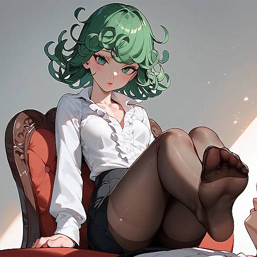 Anime Girl with Green Hair Sitting on Chair