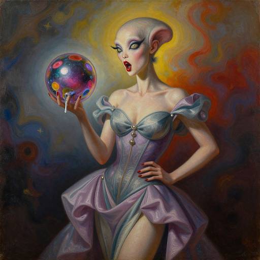 Digital painting of a bald, pale-skinned alien woman in a ruffled, lavender corset dress, holding a glowing, multicolored planet.