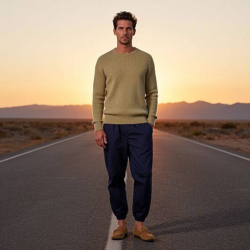 Photograph of a bearded man with short, dark hair, wearing a beige sweater, navy pants, and brown shoes, standing on a desert road