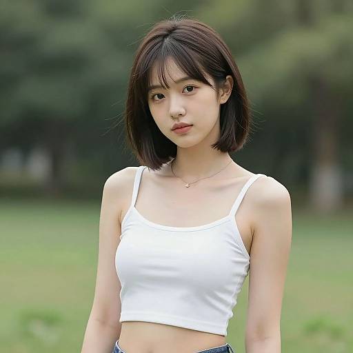 Photograph of an Asian woman with short black hair, wearing a white crop top, standing in a green, blurred park background.
