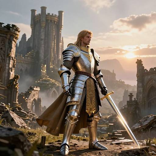 Photorealistic CGI of a blonde, armored knight with a sword, standing in a sunlit, ruined medieval castle landscape, backlit by a golden
