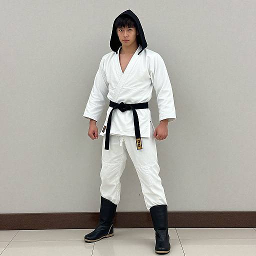 Photograph of an Asian male martial artist with black hair, wearing a white gi, black belt, and black boots, standing against a plain white wall