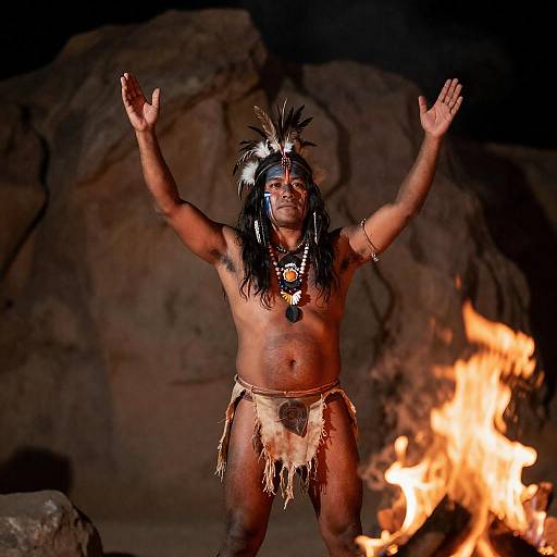 Tribal Warrior at Night by Fire