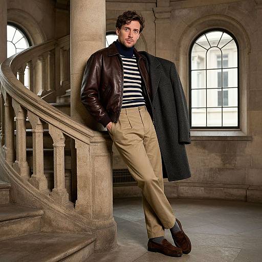 Photograph of a handsome man with curly brown hair, wearing a black leather jacket, striped shirt, beige pants, and brown loafers, leaning against