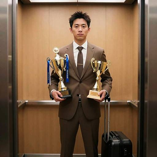 Man Holding Trophies in Elevator