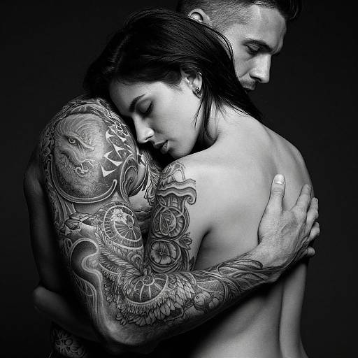 Intimate Black-and-White Tattooed Couple