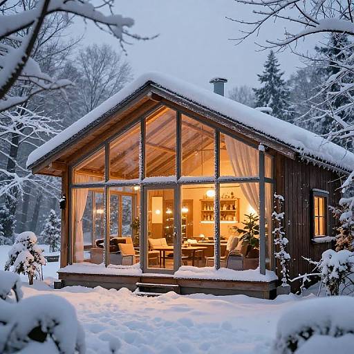 Photograph of a snow-covered, wooden A-frame cabin with large, illuminated windows, warm orange interior light, surrounded by snow-laden trees.