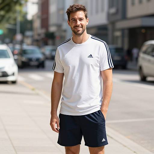 Photograph of a smiling, bearded man with short brown hair, wearing a white Adidas t-shirt and black Adidas shorts, standing on a sunlit