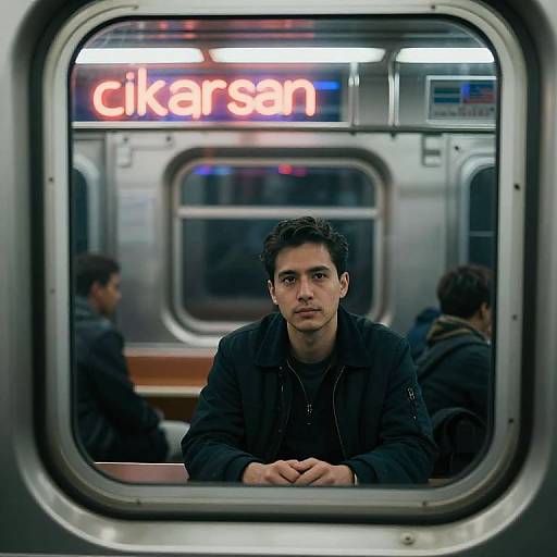 Photograph of a serious young man with curly hair, wearing a black jacket, sitting in a dimly lit subway car, viewed through the window,