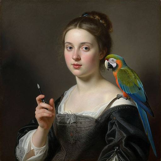 Classical portrait of fair-skinned woman with brown hair in bun, wearing black dress with white lace, holding brush, blue-green parrot on shoulder