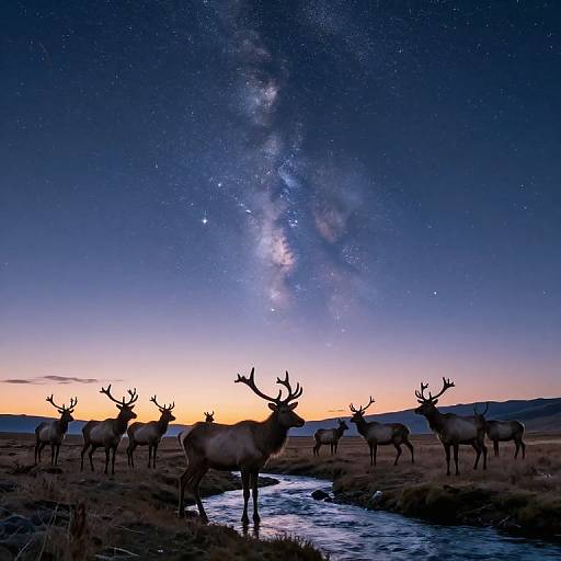 Photograph of a night sky with the Milky Way over a field, silhouetted deer with antlers standing near a flowing stream at sunset.