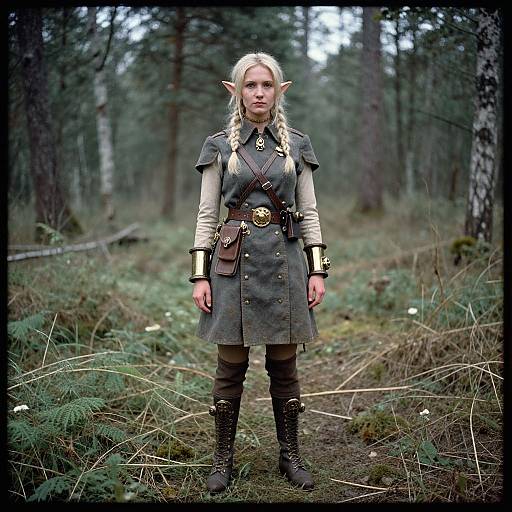 Photograph of a serious-looking blonde elf woman with pointed ears, wearing a gray medieval-style dress, brown belt, black boots, standing in a mist