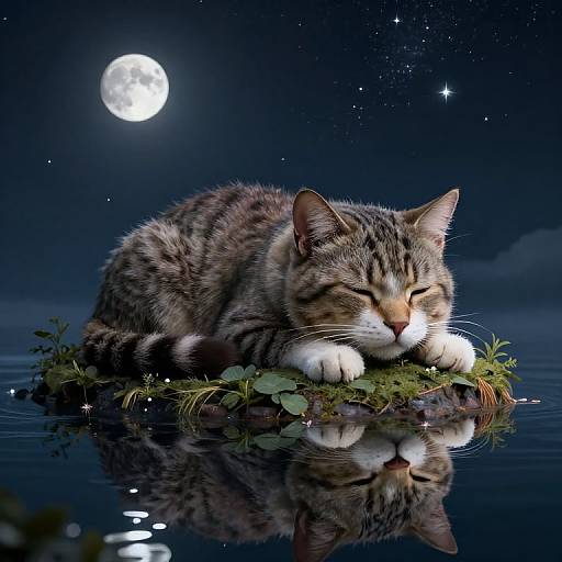 Photograph of a sleeping tabby cat on a floating grass island under a full moonlit, starry night sky with its reflection in the water.