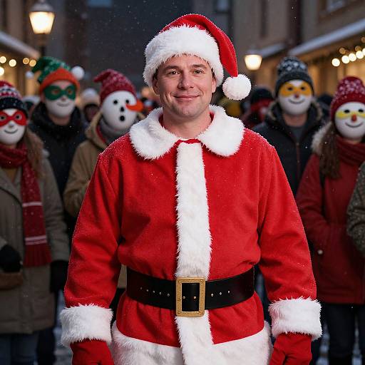 Photograph of a smiling man in a red Santa suit with white trim and black belt, standing in a snowy street with festive, masked people in the