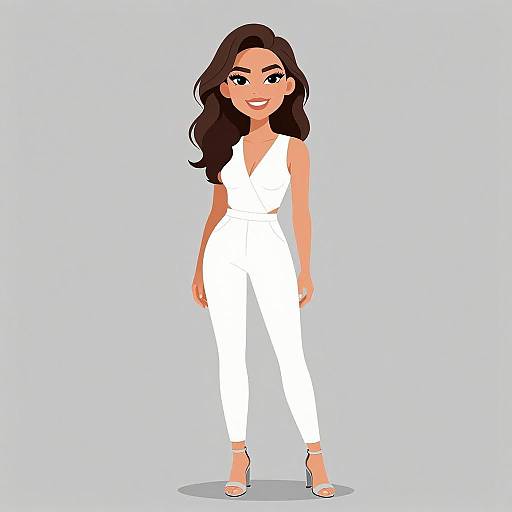 Digital illustration of a smiling woman with long dark hair, wearing a white sleeveless jumpsuit and white heels, standing against a light blue background.