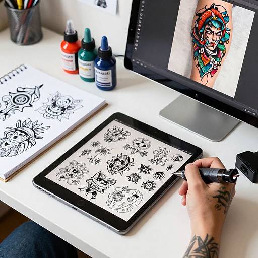 Photograph of a tattoo artist's workspace: tablet with inked sketches, ink bottles, monitor displaying a colorful tattoo design, and a hand holding a