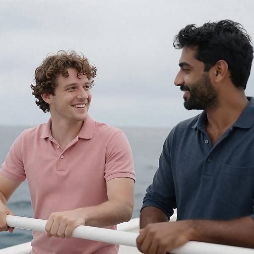 Two Men Smiling on a Boat at Sea