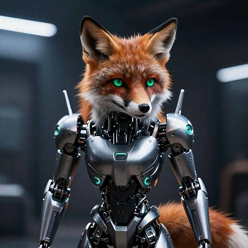 Emerald-Eyed Cybernetic Fox in Neon Lab