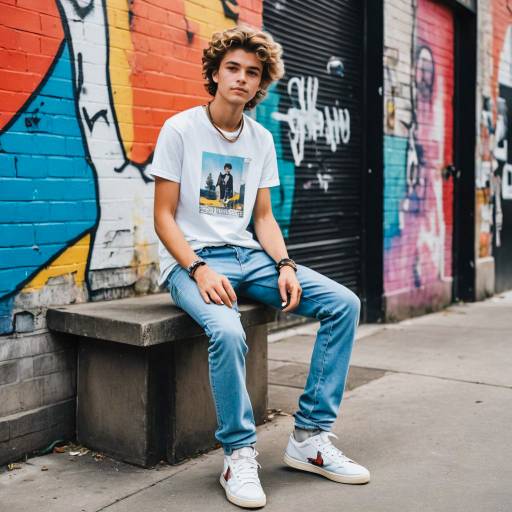 Teenage Boy in Street Style Fashion Sitting by Graffiti Wall