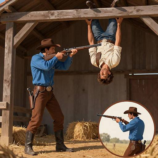 Cowboy Aiming Rifle at Man Hanging Upside Down in Barn