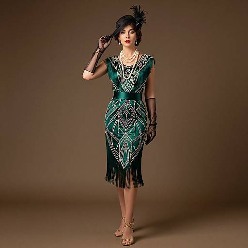 Photograph of a glamorous woman in a teal Art Deco dress with fringe, black feathered hat, gloves, and gold heels, standing against a