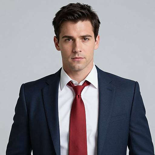 Photograph of a serious, handsome man with short dark hair, wearing a black suit, white shirt, and red tie, against a plain light blue