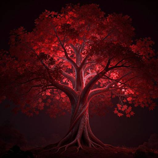 Photograph of a glowing red tree with vibrant leaves, illuminated from within against a dark, black background, showcasing intricate branches and roots.