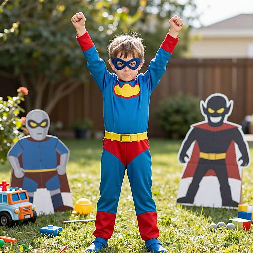 Photograph of a young boy in a Superman costume with blue, red, and yellow, arms raised, wearing a blue mask, in a sunny backyard