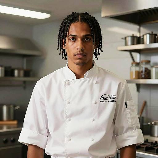 Photograph of a young Black man with dreadlocks, wearing a white chef's coat, standing in a modern, stainless steel kitchen.