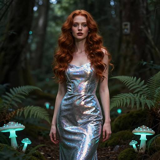 Photograph of a fair-skinned, red-haired woman in a shimmering silver dress standing in a dark, enchanted forest with glowing mushrooms and ferns