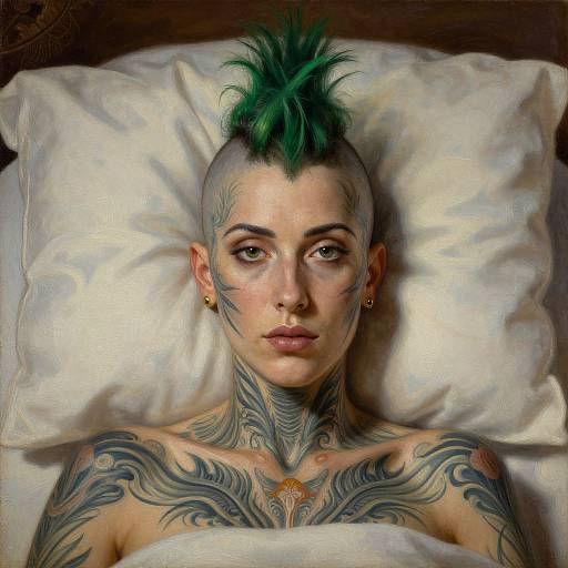 Digital painting of a tattooed woman with green mohawk, shaved sides, and elaborate neck and chest tattoos, lying on a white pillow.