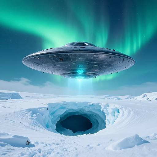 Photorealistic digital art of a UFO hovering over a snowy, icy landscape with a large cave entrance below, illuminated by green aurora lights in the