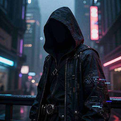 Silhouetted figure in a hooded, wet black jacket with glowing neon lights, standing in a rainy, cyberpunk city street at dusk.