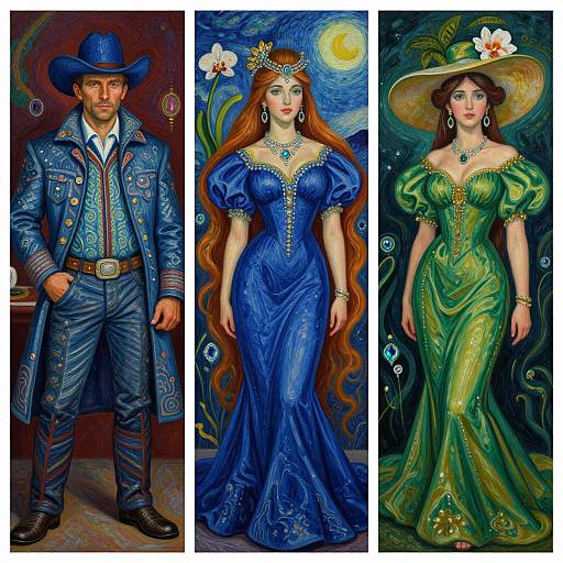 Digital artwork of three characters: cowboy in blue jacket, long-haired woman in blue gown with flower crown, and woman in green dress with wide hat,