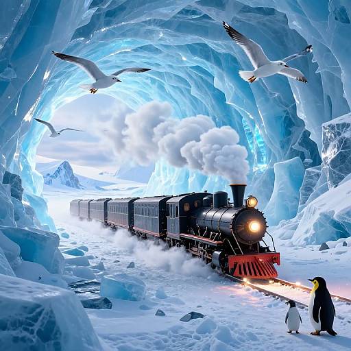 Photograph of a black steam train with white smoke, traveling through a vibrant blue ice cave, flanked by flying seagulls and a standing p