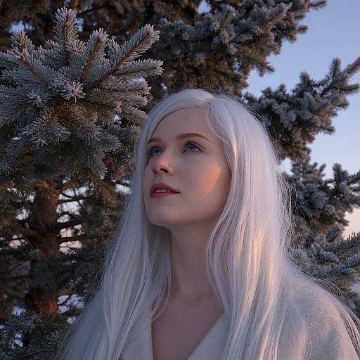 Photograph of a fair-skinned, blue-eyed woman with long, white hair standing among frost-covered pine trees, gazing upwards in soft, natural