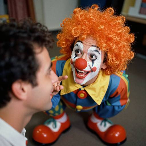 Photograph of a curly-haired clown with bright orange wig, white face paint, red nose, colorful outfit, and red shoes, smiling at a man