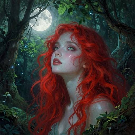Digital painting of a fair-skinned, red-haired woman with wavy hair, gazing up at a full moon in a dark, enchanted forest.