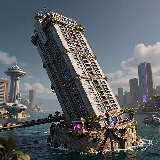 Cyberpunk Floating Castle in Sea