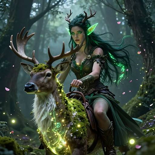 Digital art of a green-eyed, dark-haired fairy riding a glowing, antlered deer through a mystical, enchanted forest with glowing fireflies.