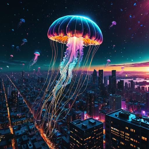 Luminous Jellyfish Floating Over Cityscape