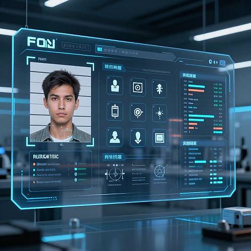 Digital interface displaying a young Asian man's photo with biometric data, icons, and settings, in a futuristic, blue-lit lab.