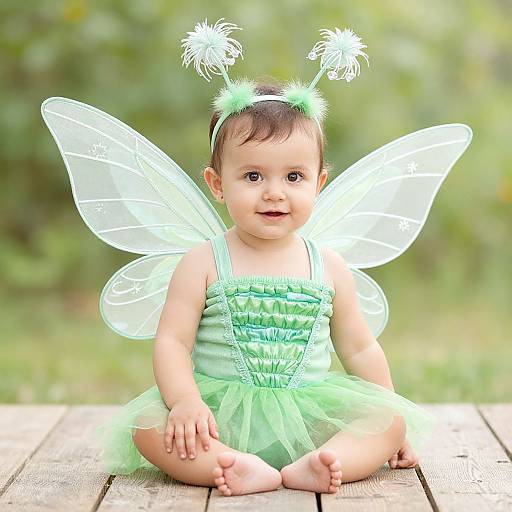 Photograph of a smiling baby with green fairy costume, translucent wings, and fluffy antennae, sitting on wooden planks outdoors.