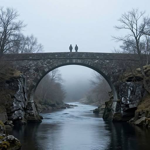 Photograph of a stone bridge arching over a misty river with two silhouetted figures standing atop; bare trees frame both sides.